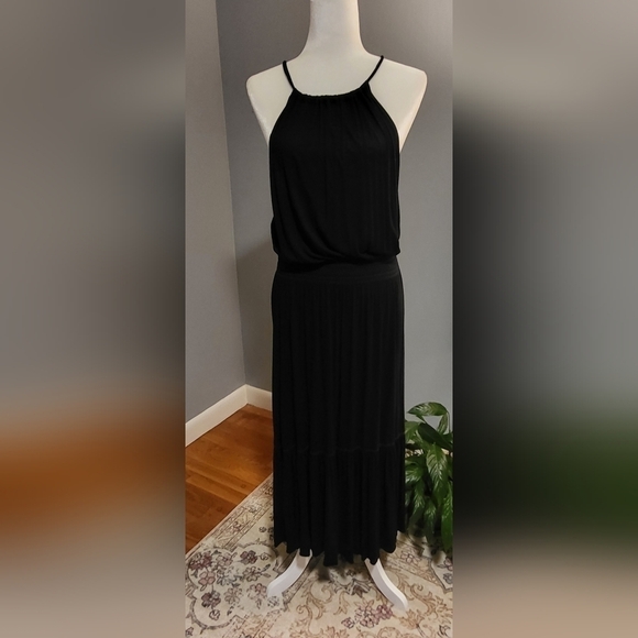 Theory Melaesa Black Drapey Jersey Knit Sleeveless Elastic Waist Maxi Dress Sz M - Picture 3 of 10